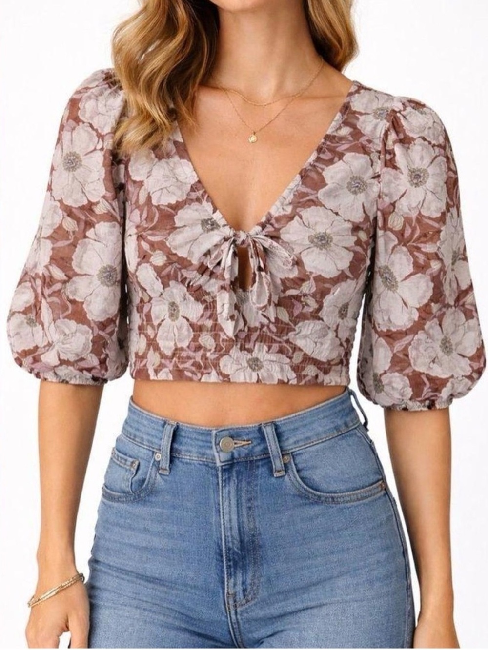 Abercrombie Floral Tie-Front Puff Sleeve Crop Top